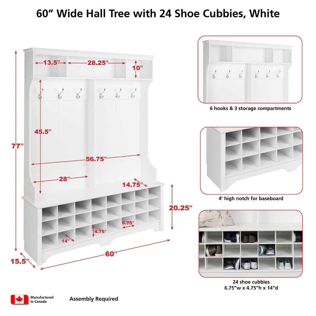Prepac 60 in. White Wide Hall Tree with 24 Shoe Cubbies WSOG00131 The Home Depot